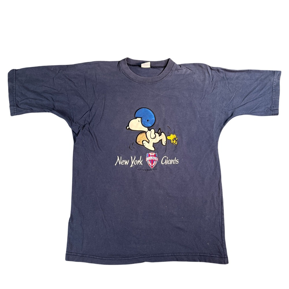 Vintage Peanuts T-Shirt Mens Large Blue Snoopy Woodstock NY Giants 90s Graphic
